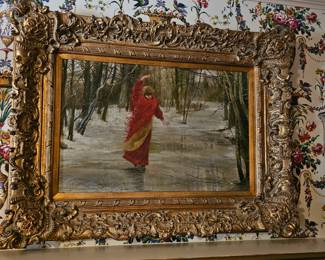 The Lady in red large Oil Painting. On Ice Skates.
