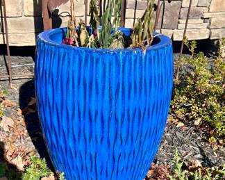 Tall Textured Blue Ceramic Planter