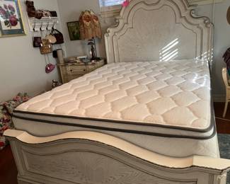 Less than a year old Queen Mattress and box springs, French, style, distressed, queen, headboard, footboard, and rails. Beautiful.!