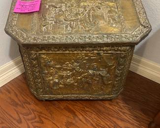 Embossed brass antique coal box