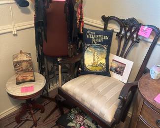 Mannequin, Chippendale armchair and antique footstool