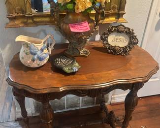 Antique walnut table, lovely bundles of yellow roses for sale as well!