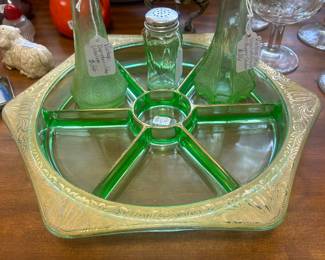 Uranium glass divided serving dish and uranium glass salt and peppers