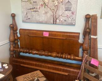 Antique full-size Burlwood bed panel steel bottom with a marriage of custom square top