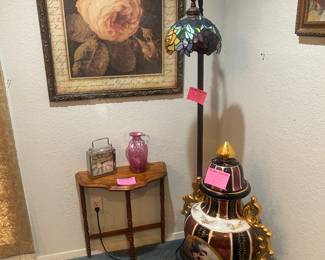 Tiffany floor lamp, large earned with lid, small, half moon table