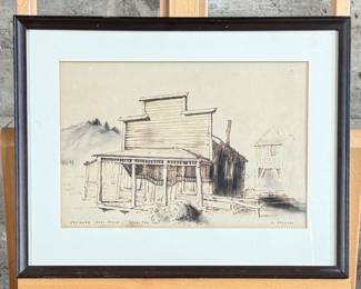 "Chinese Joss House, Idaho", an original mixed media painting by listed artist, G. Spencer. Titled lower left, signed lower right, and measures in frame 16.5” H x 21” W.