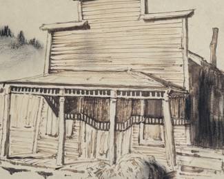 "Chinese Joss House, Idaho", an original mixed media painting by listed artist, G. Spencer. Titled lower left, signed lower right, and measures in frame 16.5” H x 21” W.