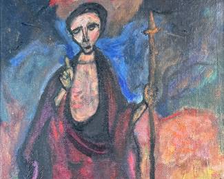 This lot features a vintage original oil on board painting depicting Jesus Christ. This work measures in frame, 16” H x 8” W.