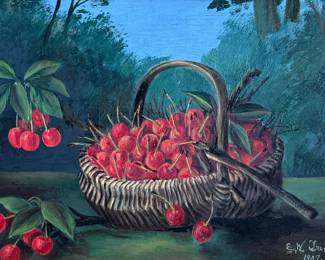 "Still Life With Cherries", an original oil on board and signed by artist, E.W. Troughton, circa 1907. This piece measures in frame, 19.25” H x 25.5” W.