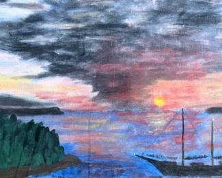 This lot features an original acrylic on board painting of a sunset seascape. No visible signature present. Measures in frame, 18.5” H x 23.5” W.