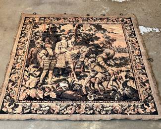 This lot features a French Aubusson-style wall tapestry, likely a handwoven replica of a 17th-century historical tapestry. This piece measures, 48” H x 48” W.