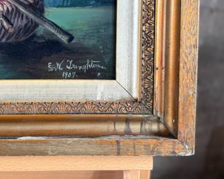 "Still Life With Cherries", an original oil on board and signed by artist, E.W. Troughton, circa 1907. This piece measures in frame, 19.25” H x 25.5” W.