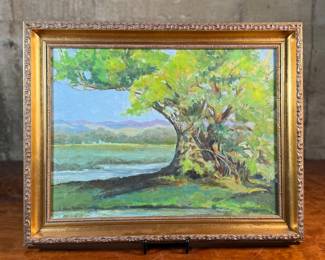 This lot features an original post impressionist landscape circa 1954. This piece is an original oil on board, signed and dated as shown in photos. Measures in frame, 15” H x 19” W.