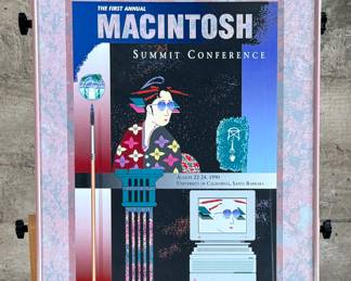 This lot features a rare original poster from the First Annual Macintosh Summit Conference, held at the University of California, Santa Barbara in 1990. Professionally framed and measures in frame, 29” H x 22” W. The event focused on the Apple Macintosh platform, a topic also covered by other events like the long-running Macworld Expo.