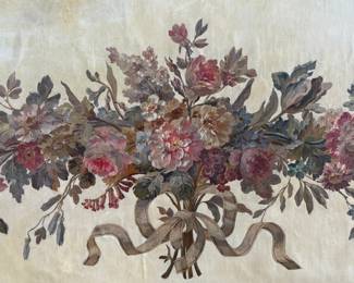 This lot features a large framed Aubusson tapestry cartoon that appears to be hand-painted on canvas in a stunning antique frame. This piece measures in frame, 31” H x 52” W.