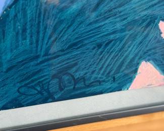 This lot features an original mixed media painting, housed in silver metal frame and depicts a sunlit walkway with geometric shadows. Signed lower left and measures in frame, 21” H x 27” W.