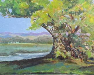 This lot features an original post impressionist landscape circa 1954. This piece is an original oil on board, signed and dated as shown in photos. Measures in frame, 15” H x 19” W.