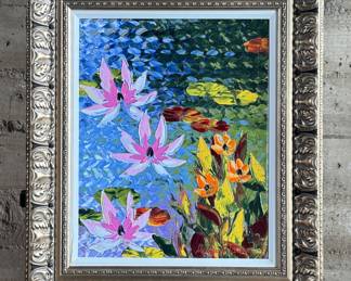 “Flowering Pond”, a limited edition signed giclee in color with hand-embellishment by listed artist, Alexandre Renoir. Professionally framed by Park West Gallery and accompanied with a certificate of authenticity. Measures in frame, 29” H x 25” W. Alexandre Renoir is a French-born artist who paints in a contemporary impressionist style. He is the great-grandson of Pierre-Auguste Renoir.