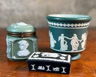 This lot features a collection of antique pottery including a piece marked by Wedgwood and another by Dudson Brothers of England. Dudson Brothers is a historic British pottery company founded in 1800 by Richard Dudson in Stoke-on-Trent, England. Wedgwood history began in 1759 when Josiah Wedgwood founded the company in Staffordshire, England, and is renowned for his innovative pottery, marketing, and manufacturing techniques.