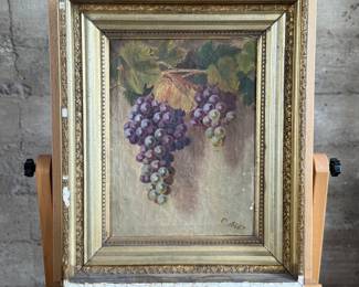 "Grapes I", an original oil on canvas by listed artist, Clara Maria Rowell Dole, circa 19th century. Signed lower right and measures in frame, 23” H x 19” W.