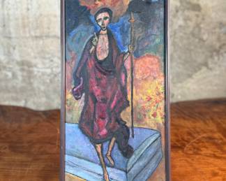 This lot features a vintage original oil on board painting depicting Jesus Christ. This work measures in frame, 16” H x 8” W.