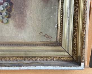 "Grapes I", an original oil on canvas by listed artist, Clara Maria Rowell Dole, circa 19th century. Signed lower right and measures in frame, 23” H x 19” W.