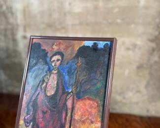 This lot features a vintage original oil on board painting depicting Jesus Christ. This work measures in frame, 16” H x 8” W.