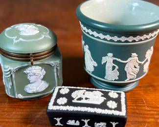 This lot features a collection of antique pottery including a piece marked by Wedgwood and another by Dudson Brothers of England. Dudson Brothers is a historic British pottery company founded in 1800 by Richard Dudson in Stoke-on-Trent, England. Wedgwood history began in 1759 when Josiah Wedgwood founded the company in Staffordshire, England, and is renowned for his innovative pottery, marketing, and manufacturing techniques.