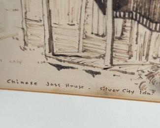 "Chinese Joss House, Idaho", an original mixed media painting by listed artist, G. Spencer. Titled lower left, signed lower right, and measures in frame 16.5” H x 21” W.