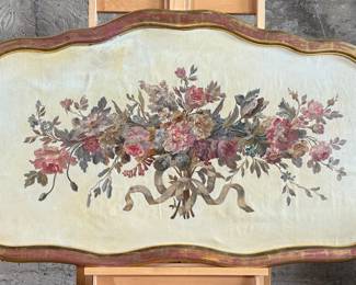 This lot features a large framed Aubusson tapestry cartoon that appears to be hand-painted on canvas in a stunning antique frame. This piece measures in frame, 31” H x 52” W.