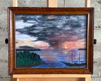 This lot features an original acrylic on board painting of a sunset seascape. No visible signature present. Measures in frame, 18.5” H x 23.5” W.