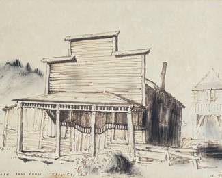 "Chinese Joss House, Idaho", an original mixed media painting by listed artist, G. Spencer. Titled lower left, signed lower right, and measures in frame 16.5” H x 21” W.