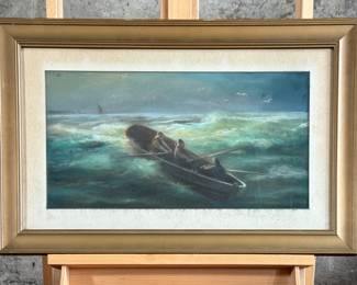 This lot features a stunning original primitive-style pastel work of art titled, “At Sea”, professionally framed and signed lower right by artist, McDonald. This piece measures in frame, 18.5” H x 28.5” W.