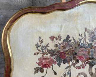 This lot features a large framed Aubusson tapestry cartoon that appears to be hand-painted on canvas in a stunning antique frame. This piece measures in frame, 31” H x 52” W.