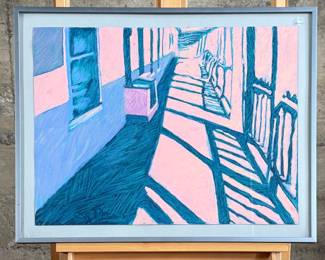 This lot features an original mixed media painting, housed in silver metal frame and depicts a sunlit walkway with geometric shadows. Signed lower left and measures in frame, 21” H x 27” W.