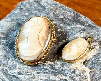 This lot features a pair of antique gold cameos. One is marked 12K gold-fill and the smaller one does not have any visible markings. Total approx. weight for both cameos is 7.00 grams.