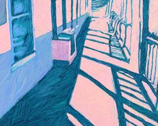 This lot features an original mixed media painting, housed in silver metal frame and depicts a sunlit walkway with geometric shadows. Signed lower left and measures in frame, 21” H x 27” W.