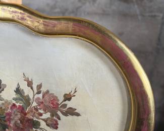 This lot features a large framed Aubusson tapestry cartoon that appears to be hand-painted on canvas in a stunning antique frame. This piece measures in frame, 31” H x 52” W.