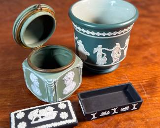 This lot features a collection of antique pottery including a piece marked by Wedgwood and another by Dudson Brothers of England. Dudson Brothers is a historic British pottery company founded in 1800 by Richard Dudson in Stoke-on-Trent, England. Wedgwood history began in 1759 when Josiah Wedgwood founded the company in Staffordshire, England, and is renowned for his innovative pottery, marketing, and manufacturing techniques.