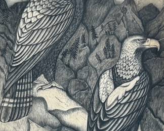 This lot features a stunning print of two eagles in an American folk art style, believed to be by artist, W.R. Bittle, circa 1850. This piece measures in frame, 28” H x 22” W.