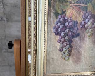 "Grapes I", an original oil on canvas by listed artist, Clara Maria Rowell Dole, circa 19th century. Signed lower right and measures in frame, 23” H x 19” W.