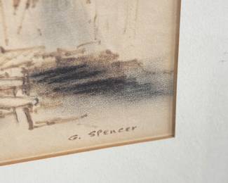 "Chinese Joss House, Idaho", an original mixed media painting by listed artist, G. Spencer. Titled lower left, signed lower right, and measures in frame 16.5” H x 21” W.