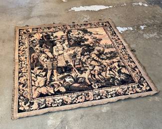 This lot features a French Aubusson-style wall tapestry, likely a handwoven replica of a 17th-century historical tapestry. This piece measures, 48” H x 48” W.