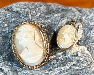 This lot features a pair of antique gold cameos. One is marked 12K gold-fill and the smaller one does not have any visible markings. Total approx. weight for both cameos is 7.00 grams.