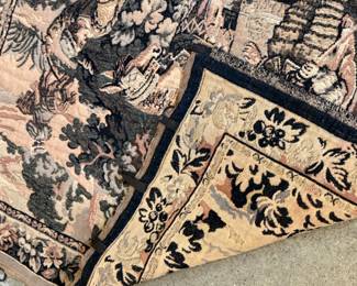 This lot features a French Aubusson-style wall tapestry, likely a handwoven replica of a 17th-century historical tapestry. This piece measures, 48” H x 48” W.