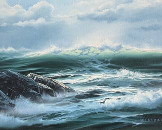 "Summer Green", an original oil on canvas by listed artist, Byron Pickering. Signed lower right, and titled/signed on the verso circa 1975. This original by Pickering measures in frame, 16.5” H x 20.5” W.