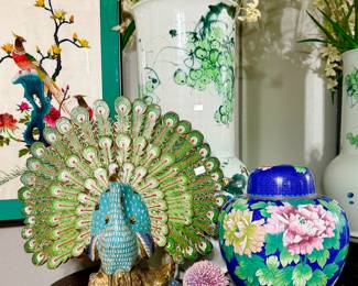 STANDOUT LARGE CLOISONNE PEACOCK, LARGE VASES, ART.