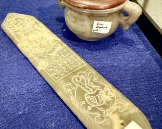 Jade Kuei scepter, key card with Qing dynasty antique covered Jade pot.