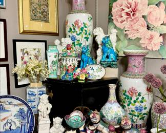 LARGE AND SMALL VASES, WHITE FOO DOGS, BLUE AND WHITE.