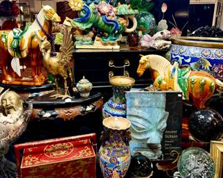 SUCH A COLLECTION OF LARGE AND SMALL, BRASS, CLOISONNE, TANG DYNASTY STYLE HORSES, BOXES, SHELLS, FOO DOGS, GLASS BALLS.